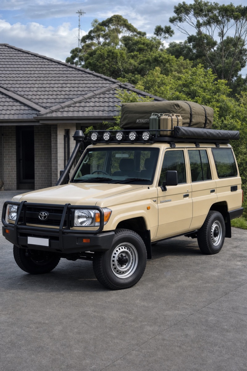 Toyota Troopcarrier with a roof platform, awning and rooftop tent