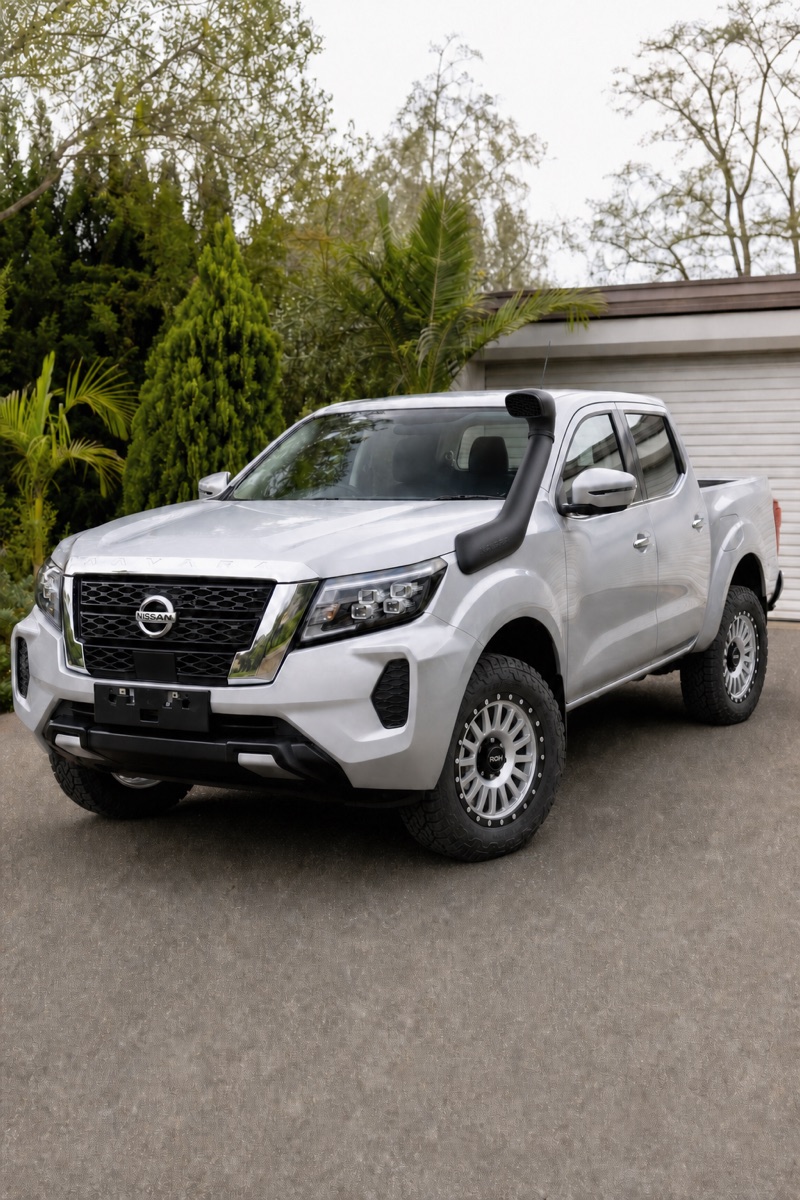 Nissan Navara with a black snorkel and ROH silver wheels